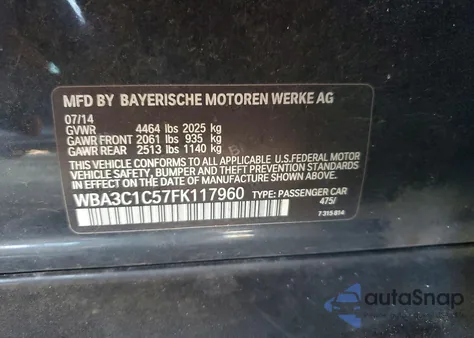 2015 BMW 328 I Sulev z USA, uszkodzony, nr VIN WBA3C1C57FK117960